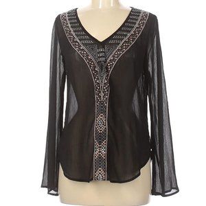 Maurices Embroidered Long Sleeve Sheer Blouse Top Black Medium